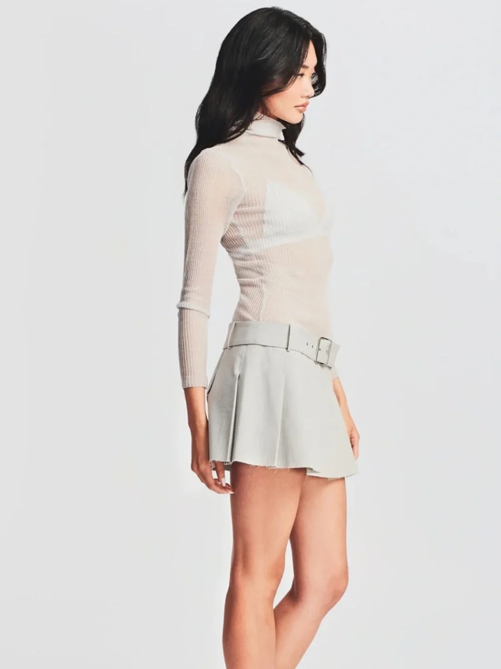 SEROYA Piper Sheer Ribbed Turtleneck Long Sleeve Top in White - Picture 1 of 4